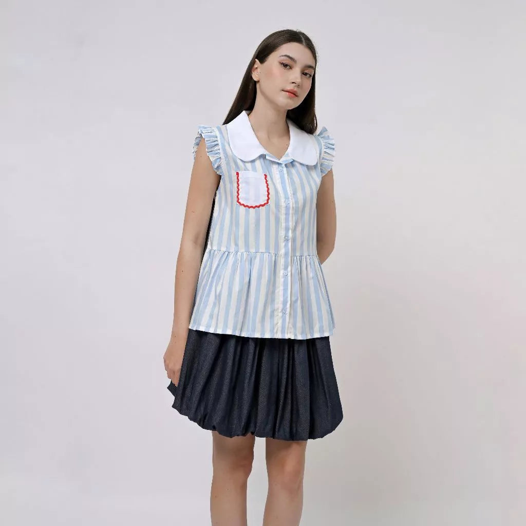 Jane Peplum Short Sleeve Blue Stripe - Curato Market