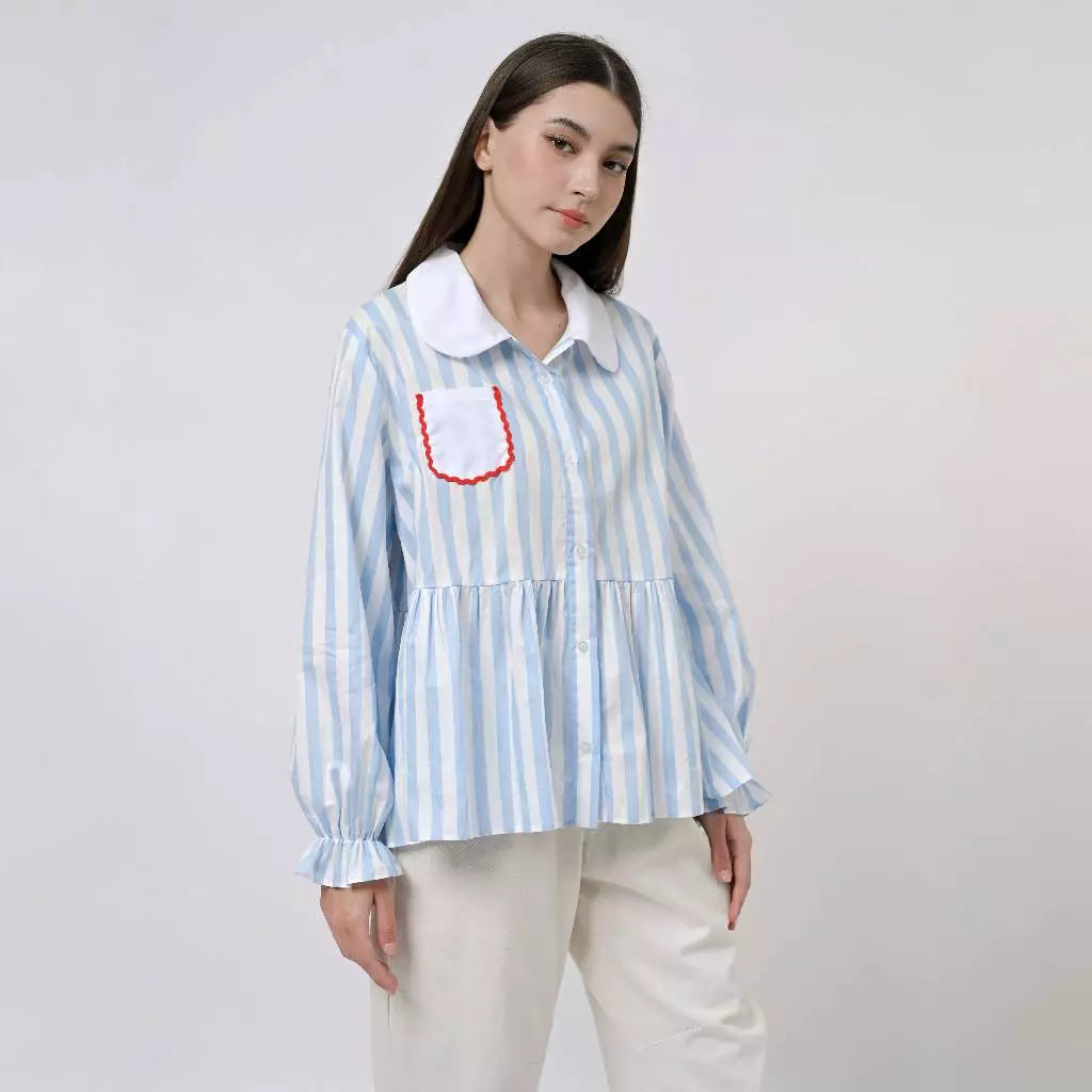 Jane Peplum Long Sleeve Blue Stripe - Curato Market