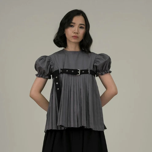 Belted Puff Pleated Top - Argyle & Oxford