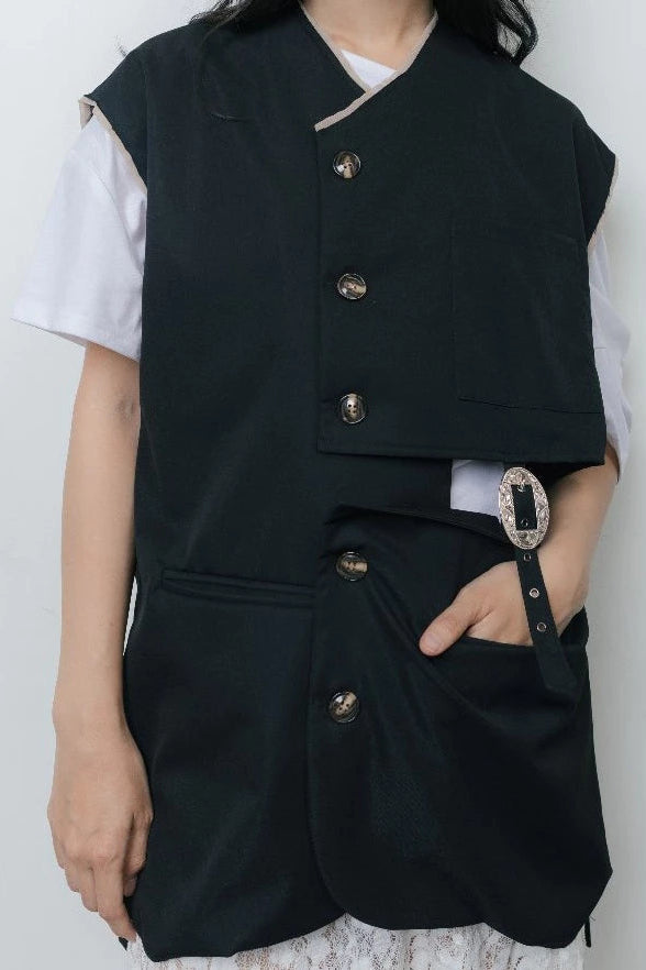 Buckle Sleeveless Blazer Black - Wad Studio