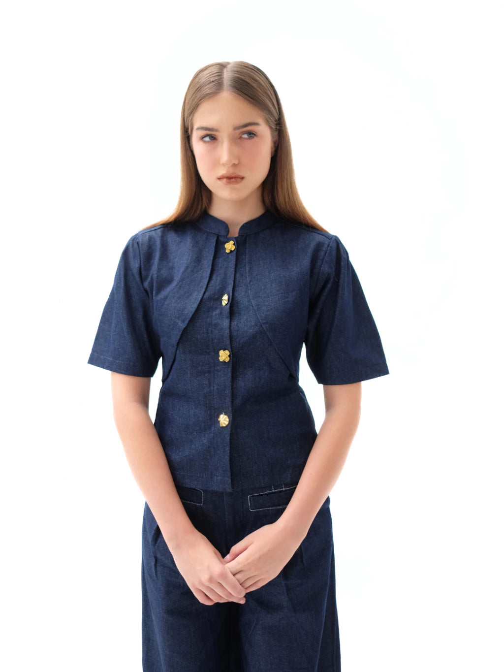 Solene Denim Button Top Dark Blue - The Auctus