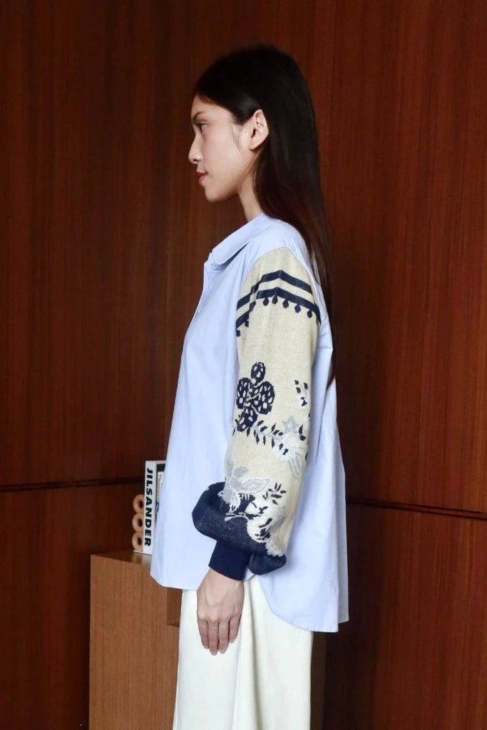 Nonaetal Celosia Shirt Hip Length Knit Sleeve Soft Blue - Nona