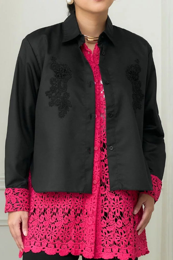 Firly Embroidery Shirt Hitam Pink - Mine