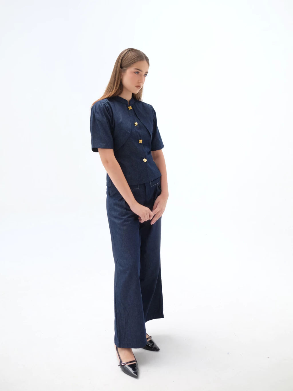 Solene Denim Button Top Dark Blue - The Auctus