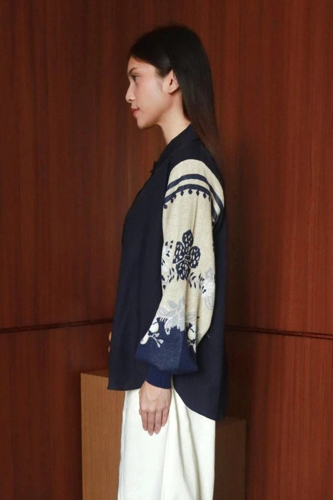 Nonaetal Celosia Shirt Hip Length Knit Sleeve Navy - Nona