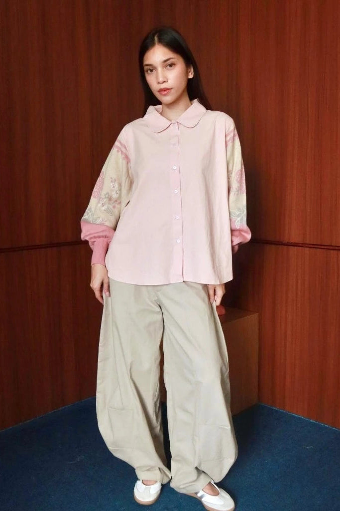 Nonaetal Celosia Shirt Hip Length Knit Sleeve Soft Pink - Nona