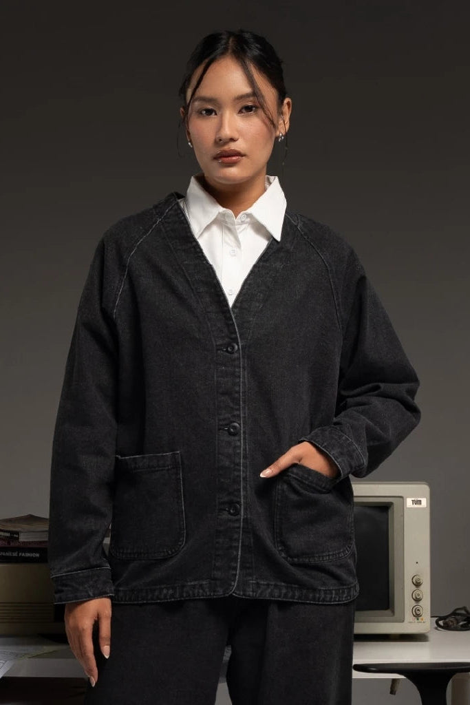 Ellen Cardigan Denim Outer Black Wash - Daile