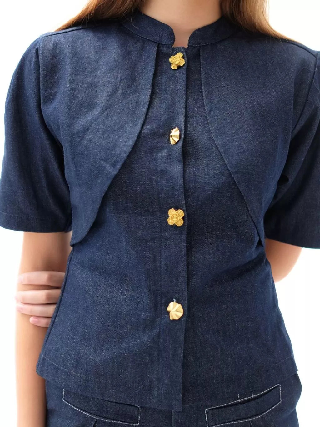 Solene Denim Button Top Dark Blue - The Auctus