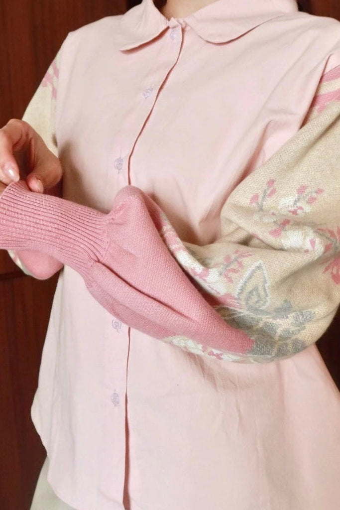 Nonaetal Celosia Shirt Hip Length Knit Sleeve Soft Pink - Nona