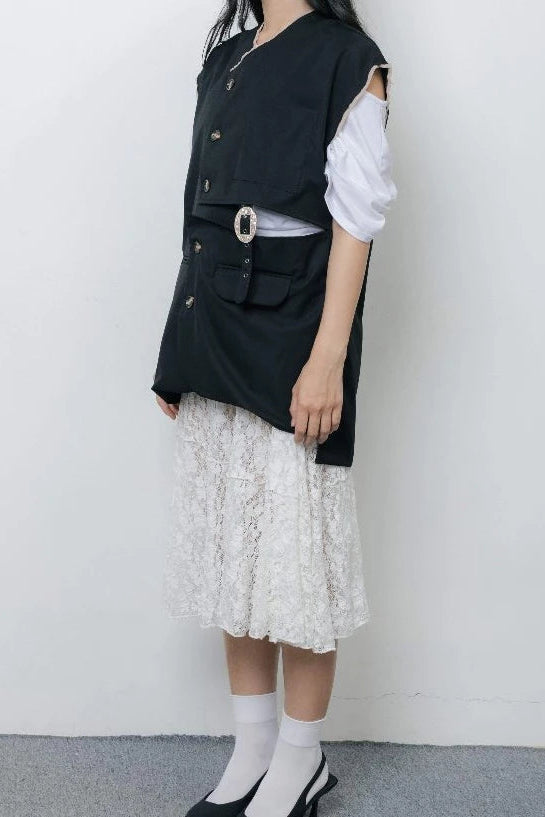 Buckle Sleeveless Blazer Black - Wad Studio