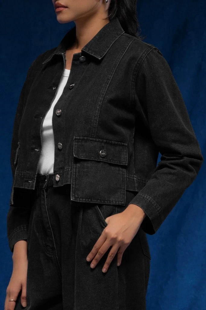 Poche Crop Denim Jacket Black With Drop Pocket Black Wash - Daile