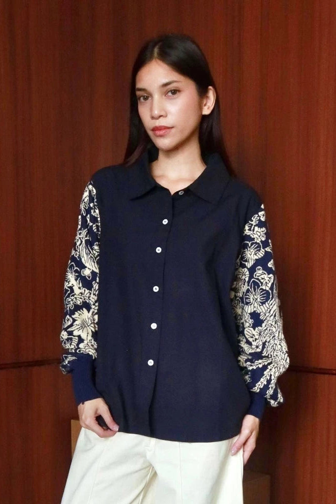 Nonaetal Garlan Shirt Knit Sleeve Navy - Nonaetal