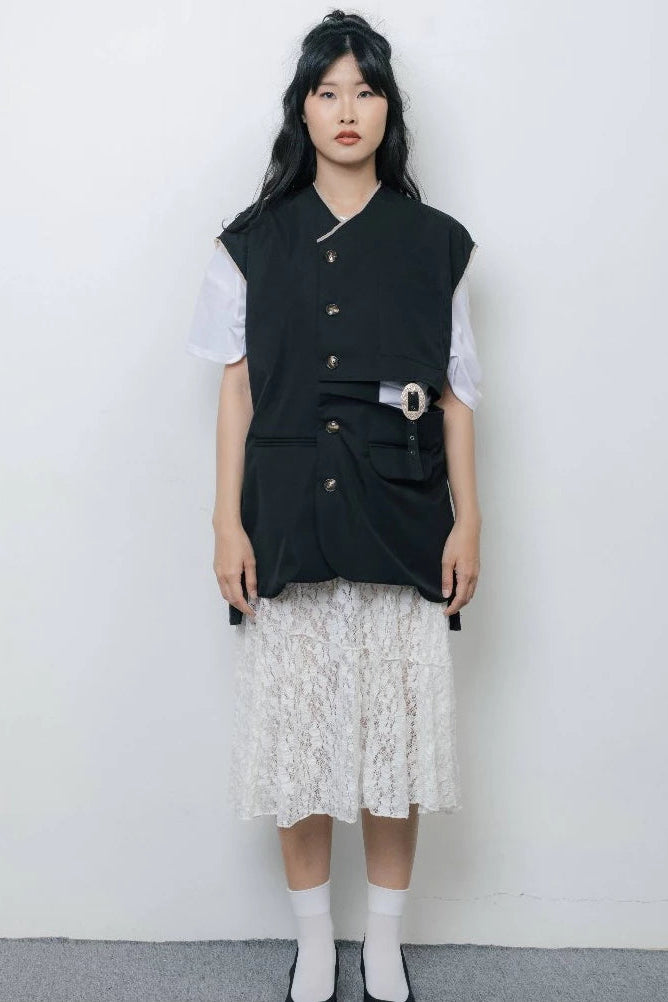 Buckle Sleeveless Blazer Black - Wad Studio