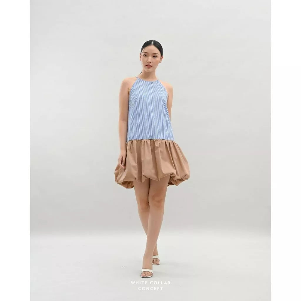 Derai Balloon Dress Stripe Mocha - White Collar Concept