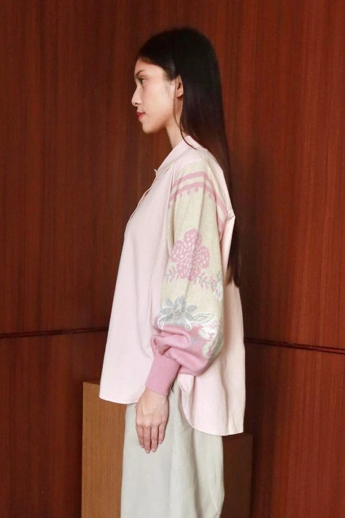 Nonaetal Celosia Shirt Hip Length Knit Sleeve Soft Pink - Nona