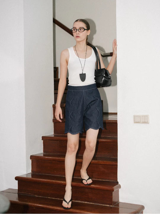 Katya Scallop Short Denim Pants Dark Blue - The Auctus