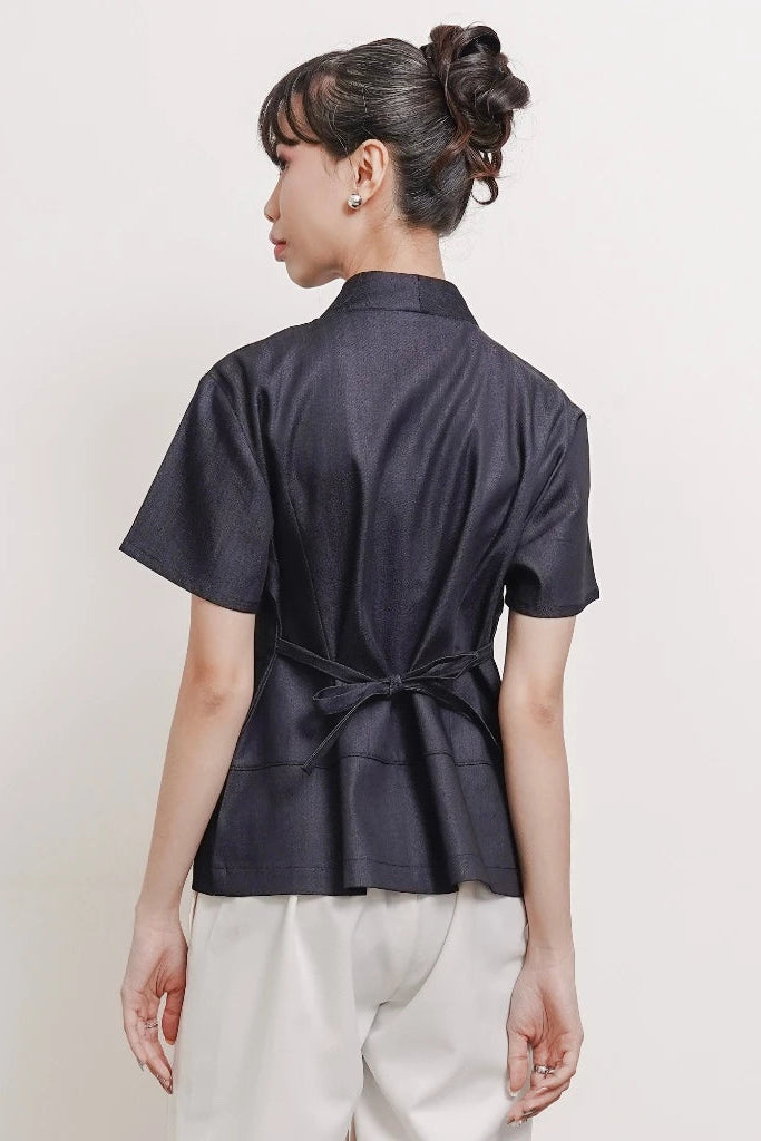 Thea Napoleon Shortsleeved Top Denim - Isoos Studios