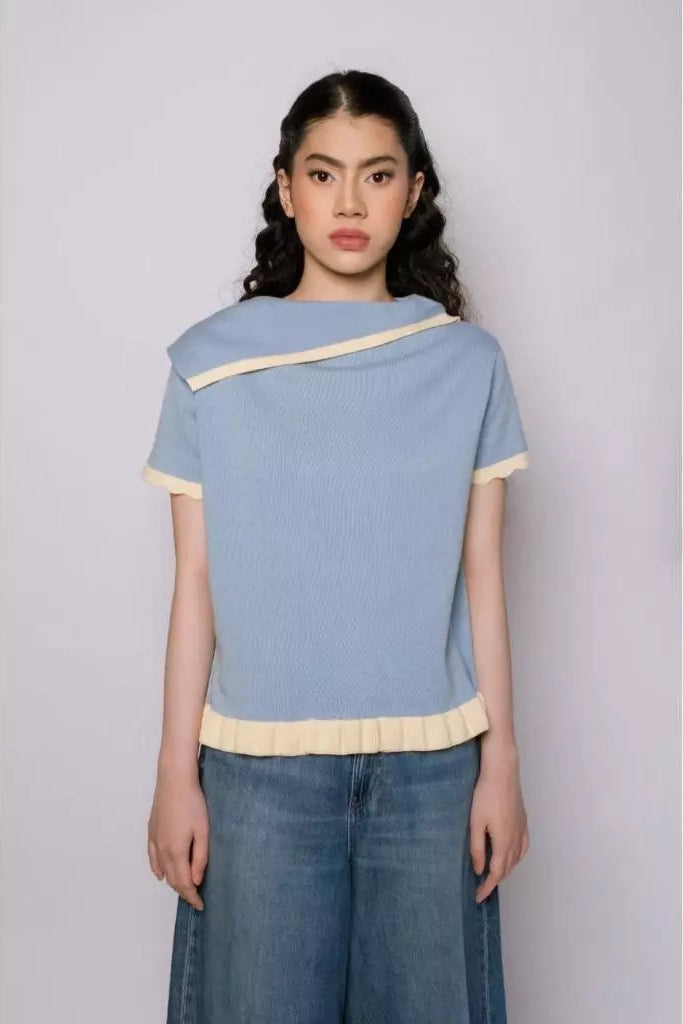 Nicole Blue Knit Top Short Sleeve Blue Yellow - Curato Market