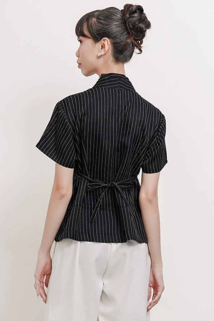 Thea Napoleon Shortsleeved Top Black Stripes - Isoos Studios