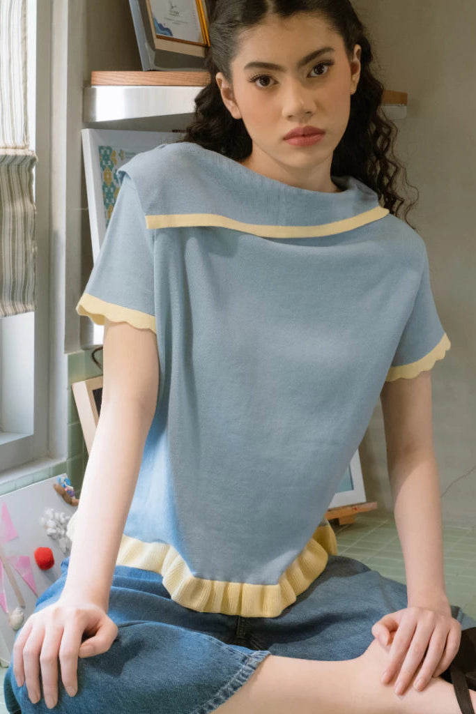 Nicole Blue Knit Top Short Sleeve Blue Yellow - Curato Market