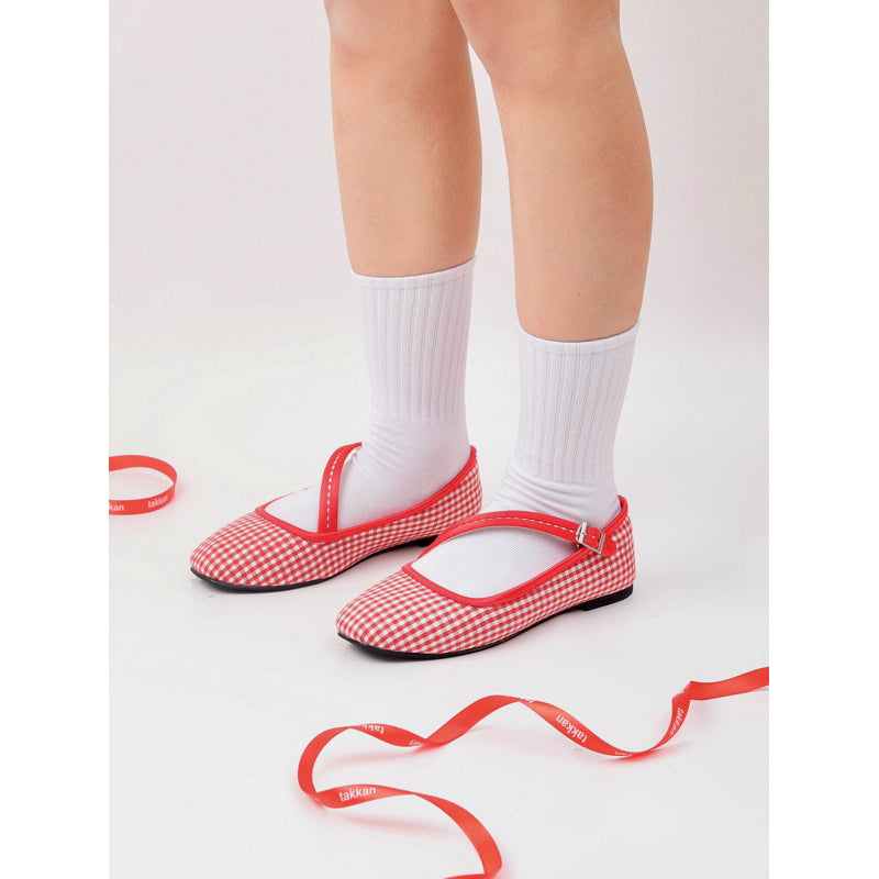 Achi Marry Jane Balet Flat Shoes Red Gingham - Takkan