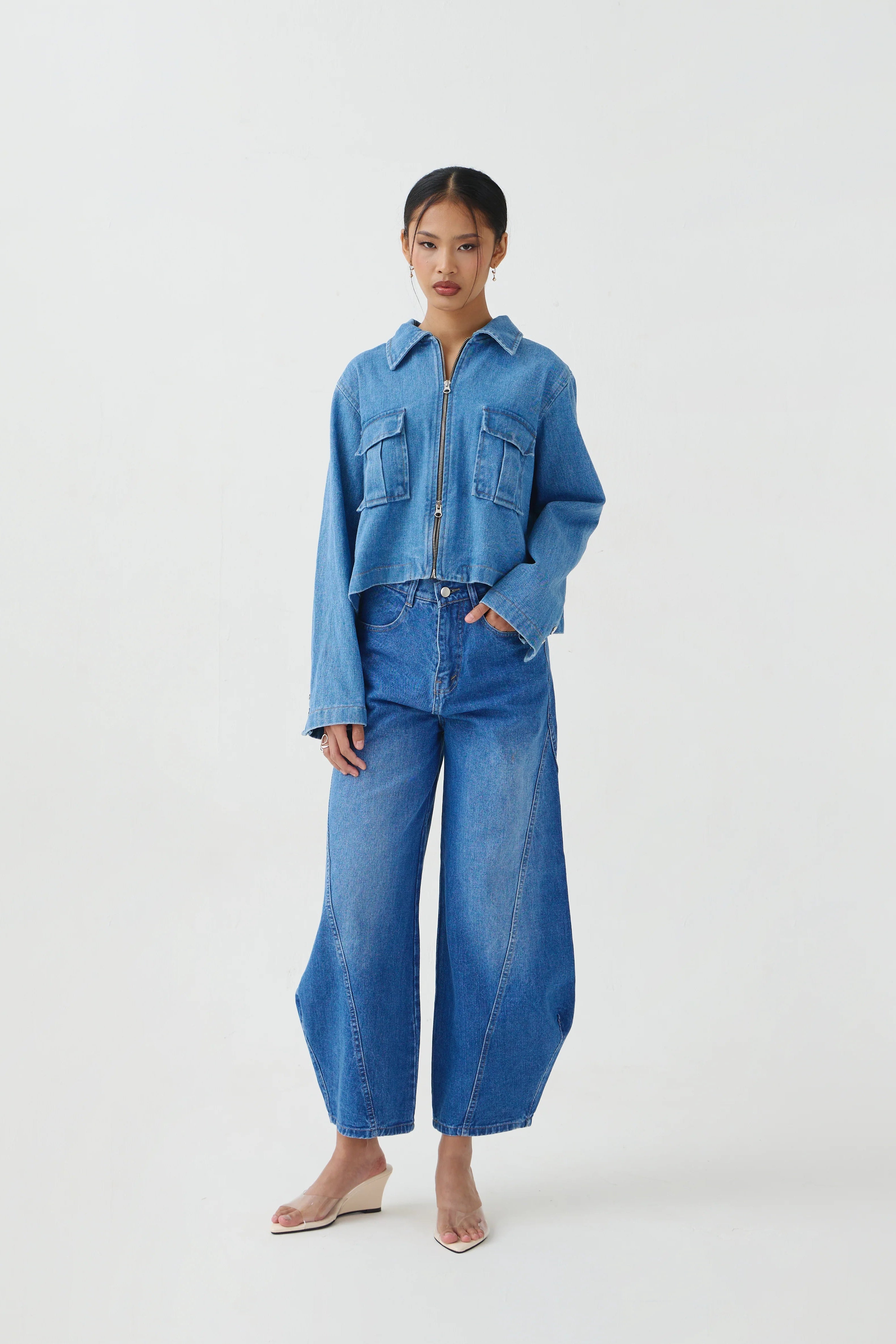 Damson Pleated Denim Jacket Blue - Acheté de Nous