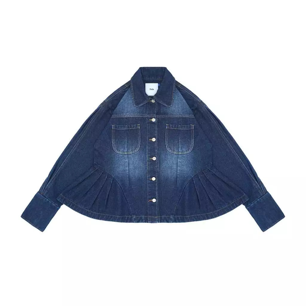Alexa Peplum Denim Jacket Sprayed Dark Blue - Daile